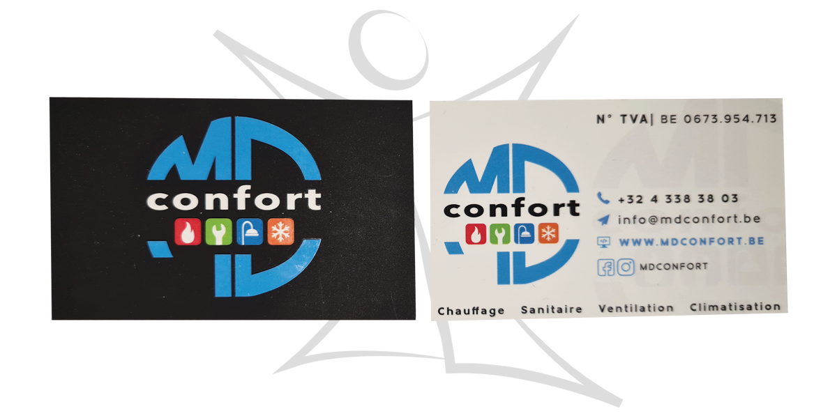 Exemple_CarteDeVisite_MDConfort Cartes de visite recto-verso au vernis sélectif réalisées par Kimva (impression, lettrage, graphisme et signalétique à Liège) pour MD Confort.