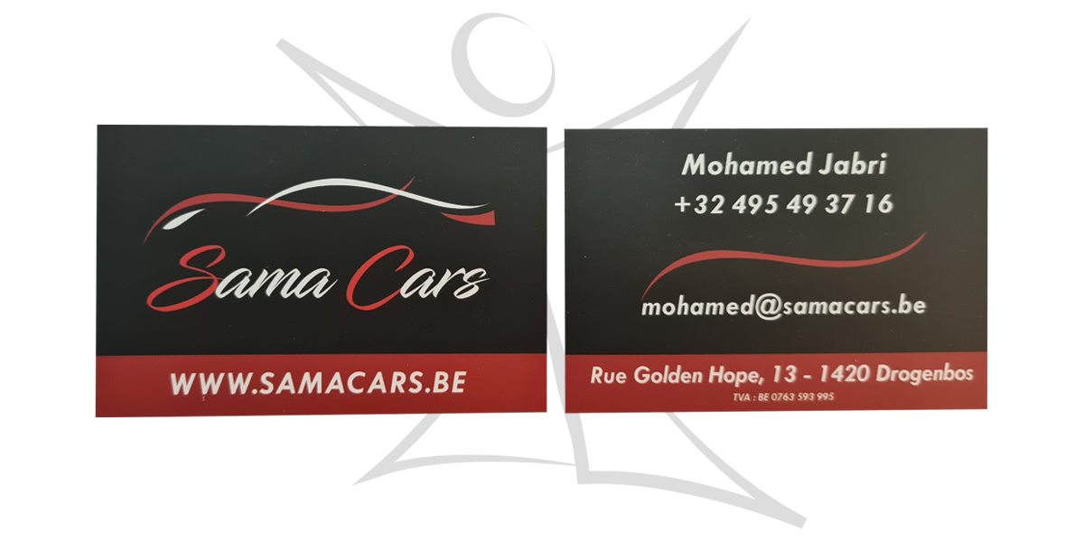 Exemple_CarteDeVisite_SamaCars Cartes de visite recto-verso au pelliculage mat réalisées par Kimva (impression, lettrage, graphisme et signalétique à Liège) pour SamaCars.