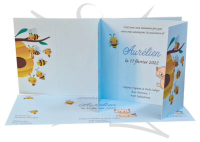 Impression de Fair-Part avec pliure recto-verso réalisé par Kimva (impression et lettrage) pour la naissance d'Aurélien